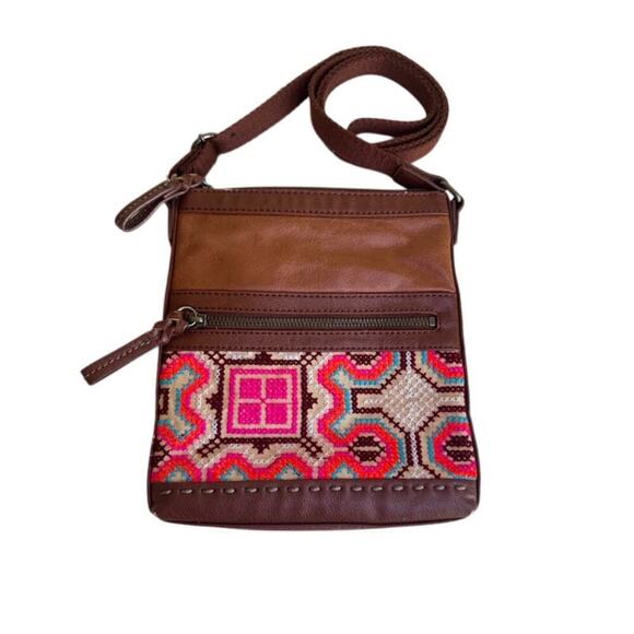 the Sak Purse Crossbody Shoulder Brown Leather Embroidery Boho - Picture 1 of 11